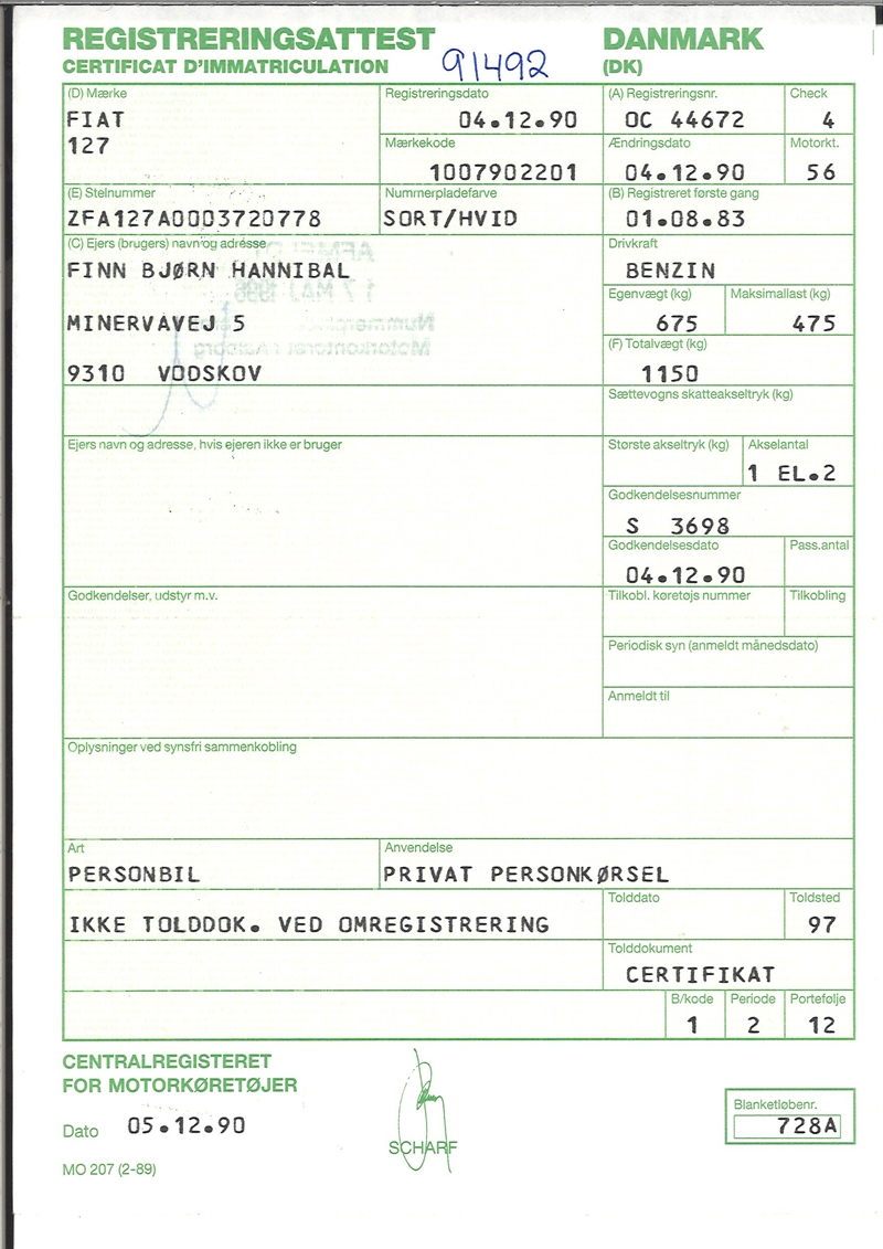Hummingbird Kammerat porter Registreringsattest til Fiat 127 | Veterandele.dk